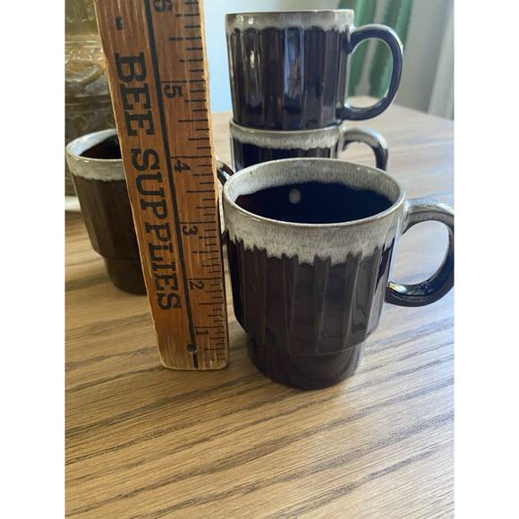Vintage Midcentury Brown Drip Glaze Stackable Clay Coffee Mugs Set of 4 - Picture 6 of 7